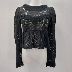 Zara Lace Peplum Blouse Women's Small Black Ruffle Whimsigoth Sheer Floral